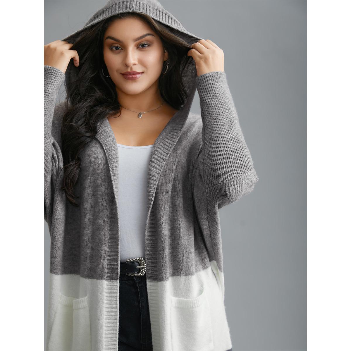 Plus Size Color Block Dolman Sleeves Hooded Knit Cardigan Mediumgray Women Casual Loose Long Sleeve Everyday Cardigans BloomChic 30/6X Product Image