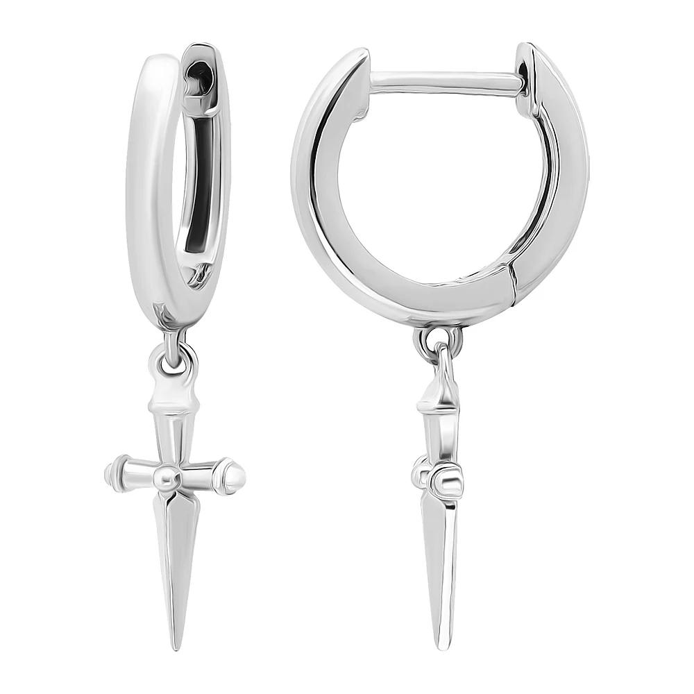 Aleure Precioso Sterling Silver Polished Huggie Earrings with Dagger-Shaped Drop Charms, Women's Product Image