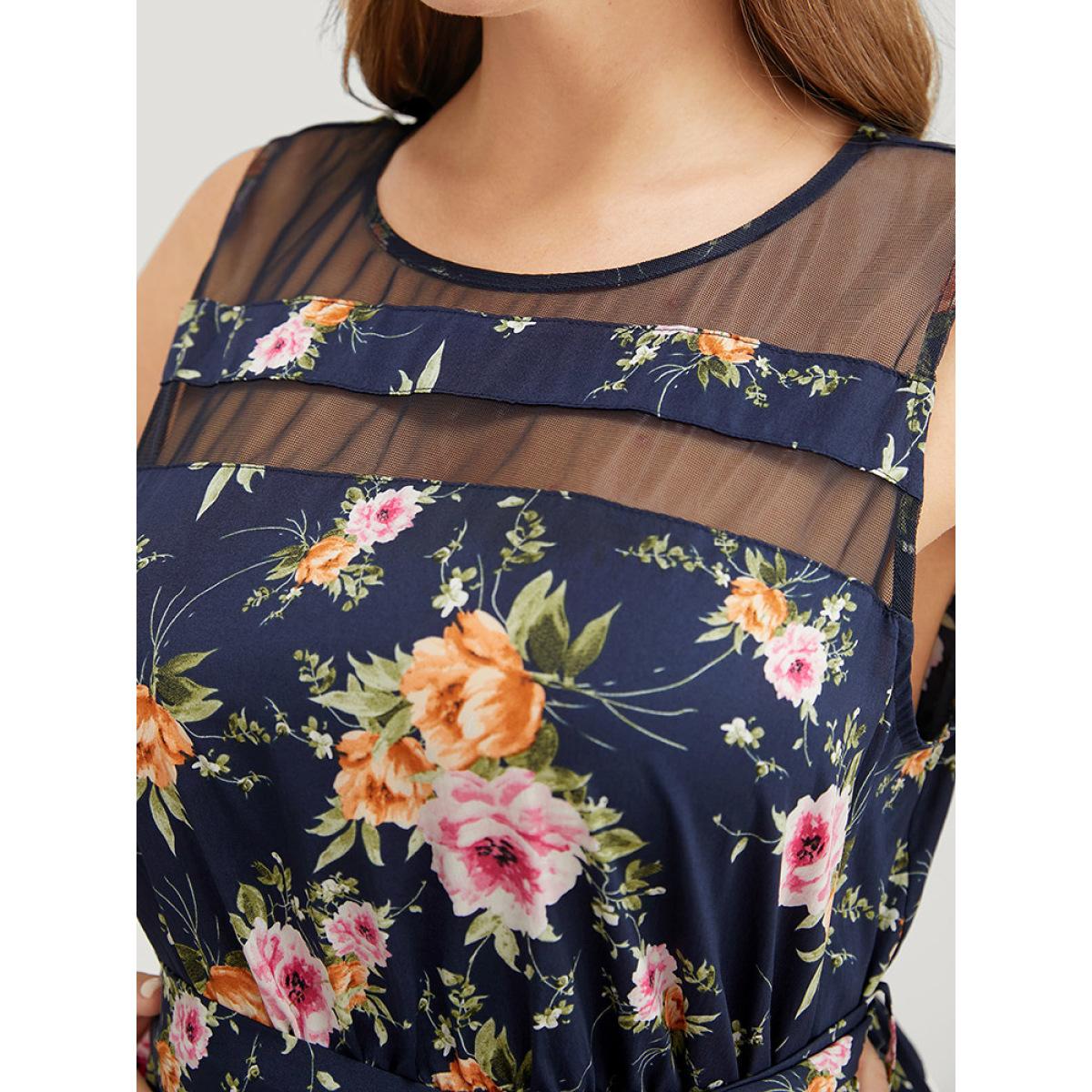 Plus Size Floral Pocket Belted Mesh Insert Flutter Hem Tank Dress Multicolor Women Elegant Belted Round Neck Sleeveless Curvy Knee Dress BloomChic 28/5X Product Image