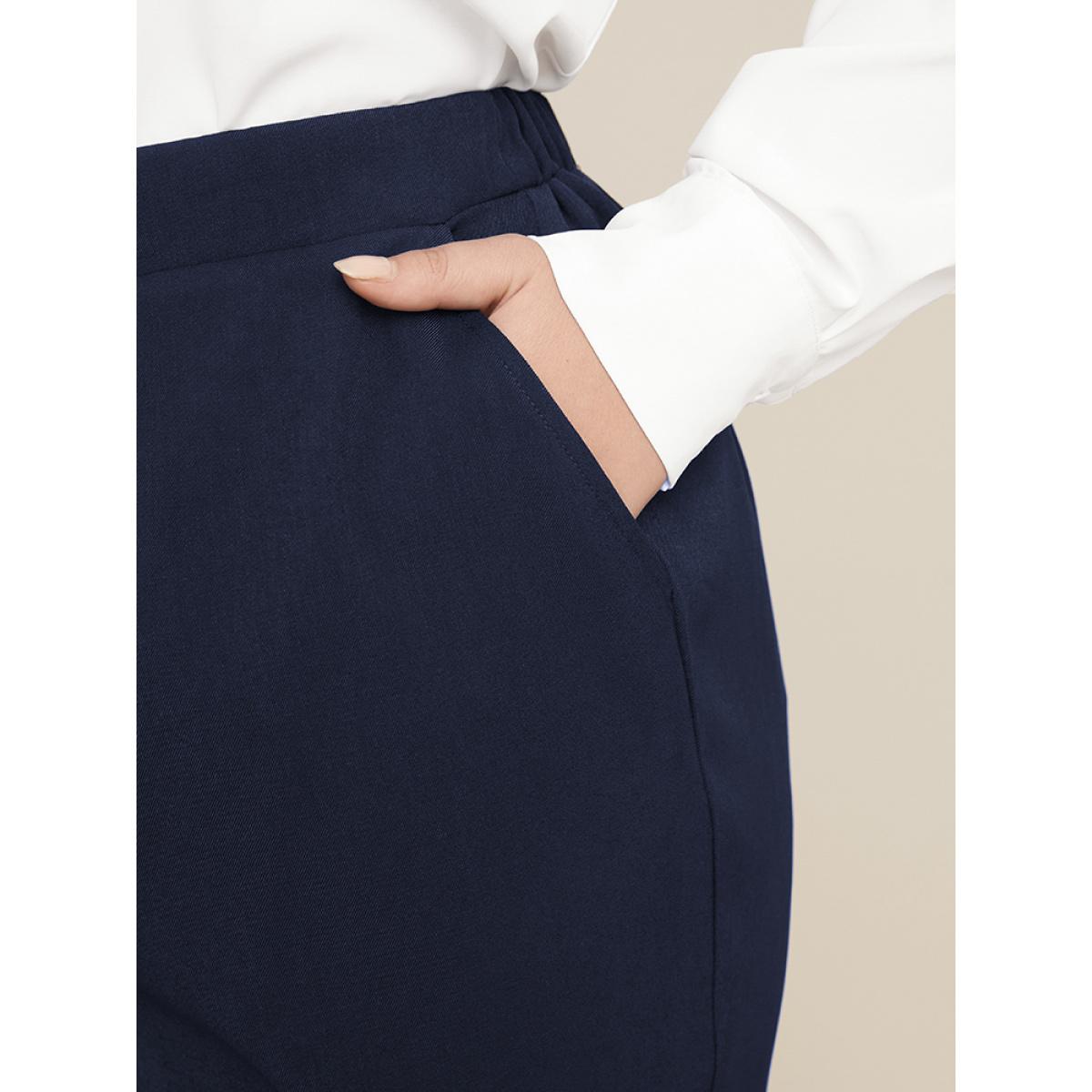 Plus Size Solid Elastic Waist Pocket Button Detail Pants Women Midnight Office Mid Rise Work Pants BloomChic 12/L Product Image