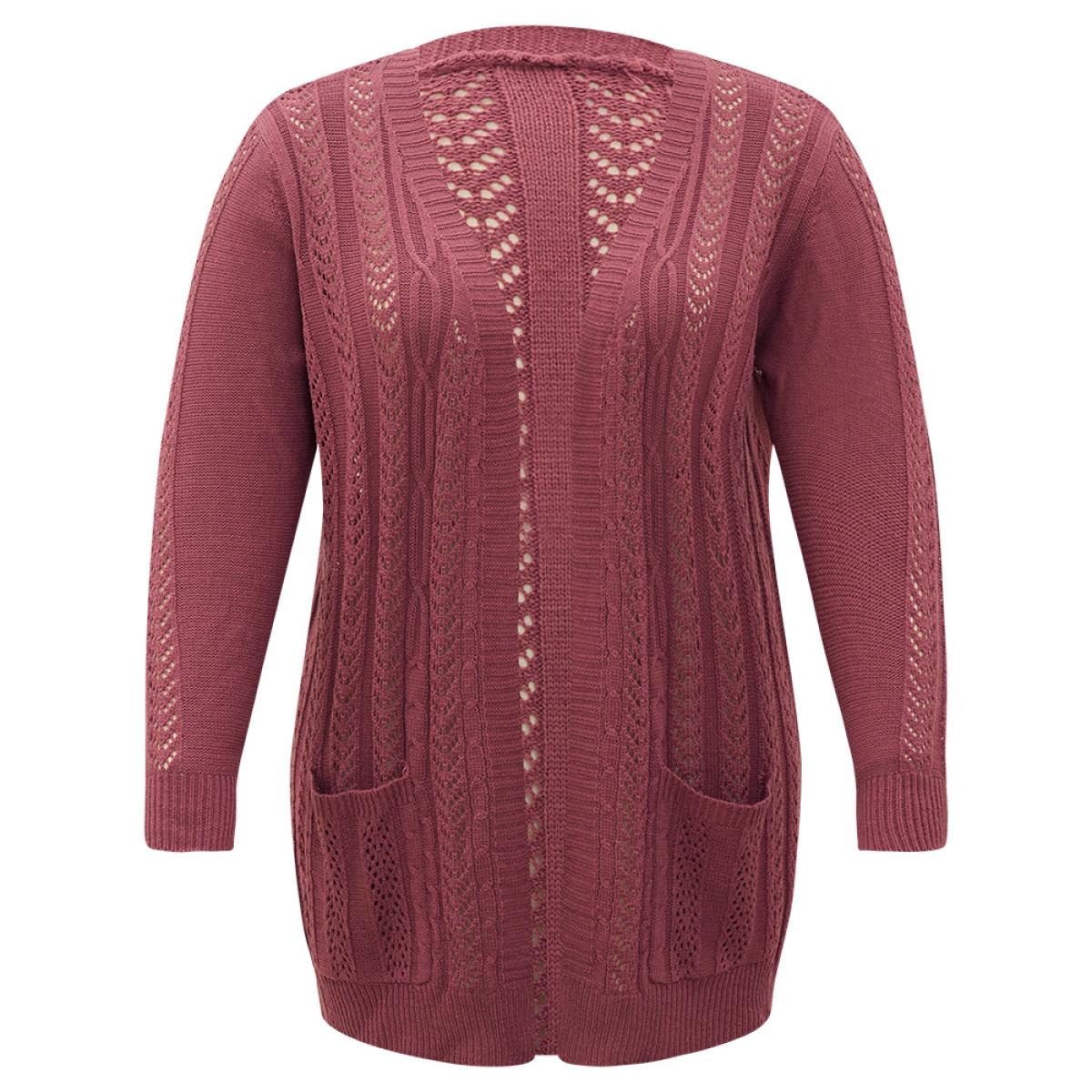 Plus Size Solid Patched Pocket Geo Eyelet Open Front Cardigan Maroon Women Casual Loose Long Sleeve Everyday Cardigans BloomChic 30/6X Product Image
