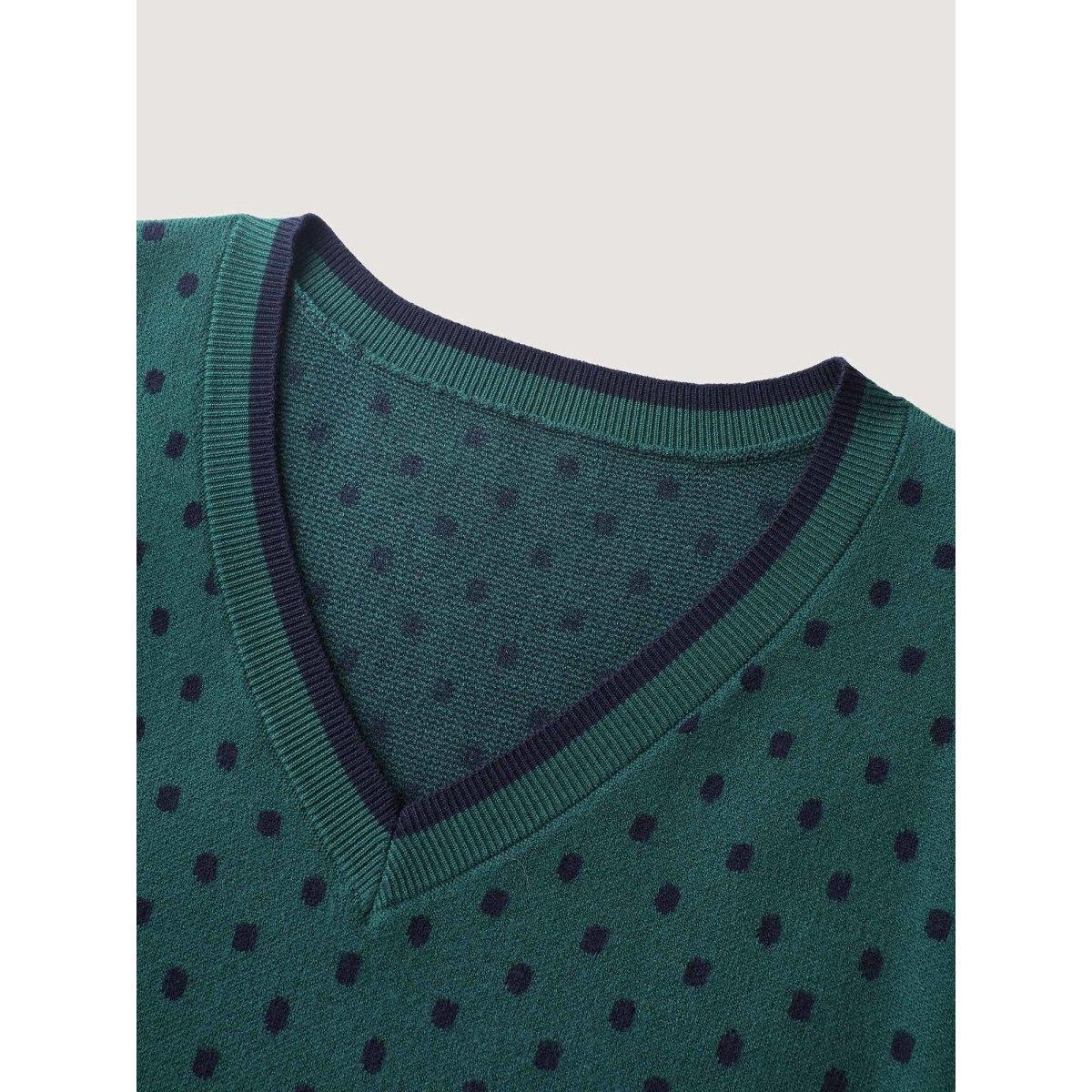 Plus Size Polka Dots Balloon Sleeve Pullover Cyan Women Leisure Loose Long Sleeve V-neck Casual Pullovers BloomChic 12/L Product Image