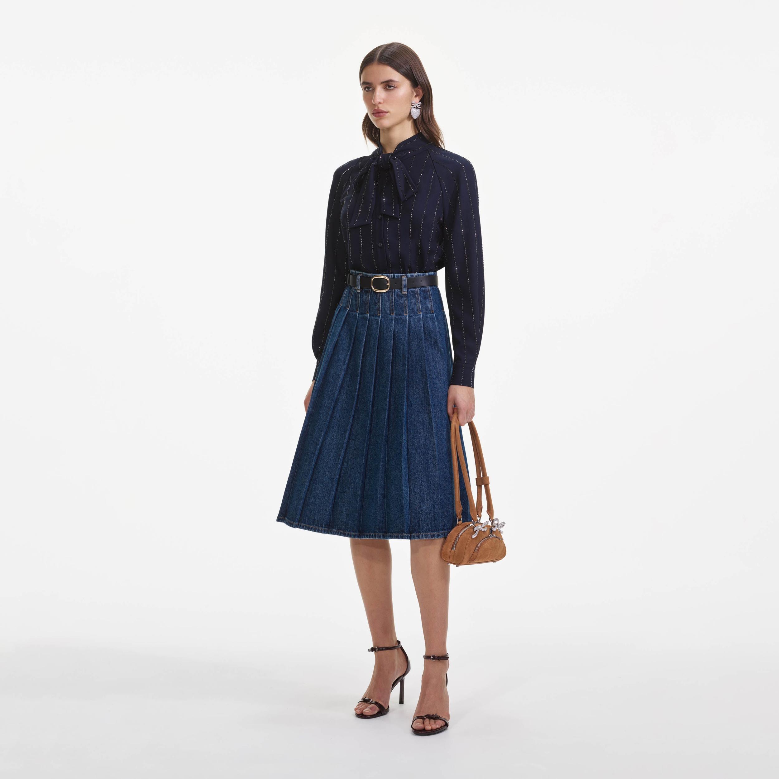 Pleated Denim Midi Skirt Product Image