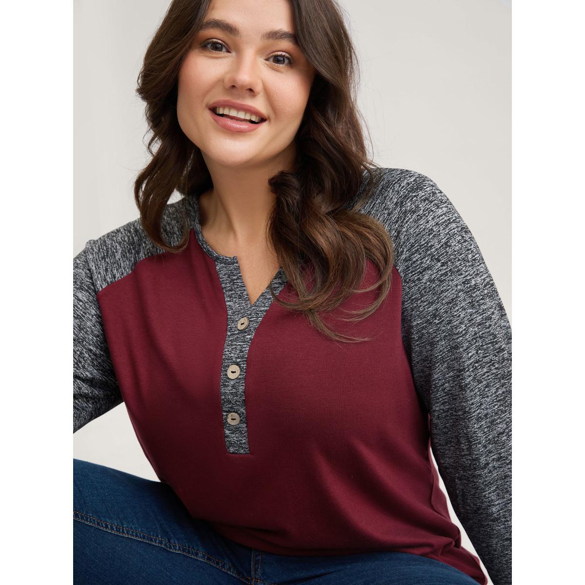 Plus Size Heather Patchwork Button Detail Stretchy T-Shirt Burgundy Women Leisure Contrast Flat collar with V-notch Casual T-shirts BloomChic 18-20/2X Product Image