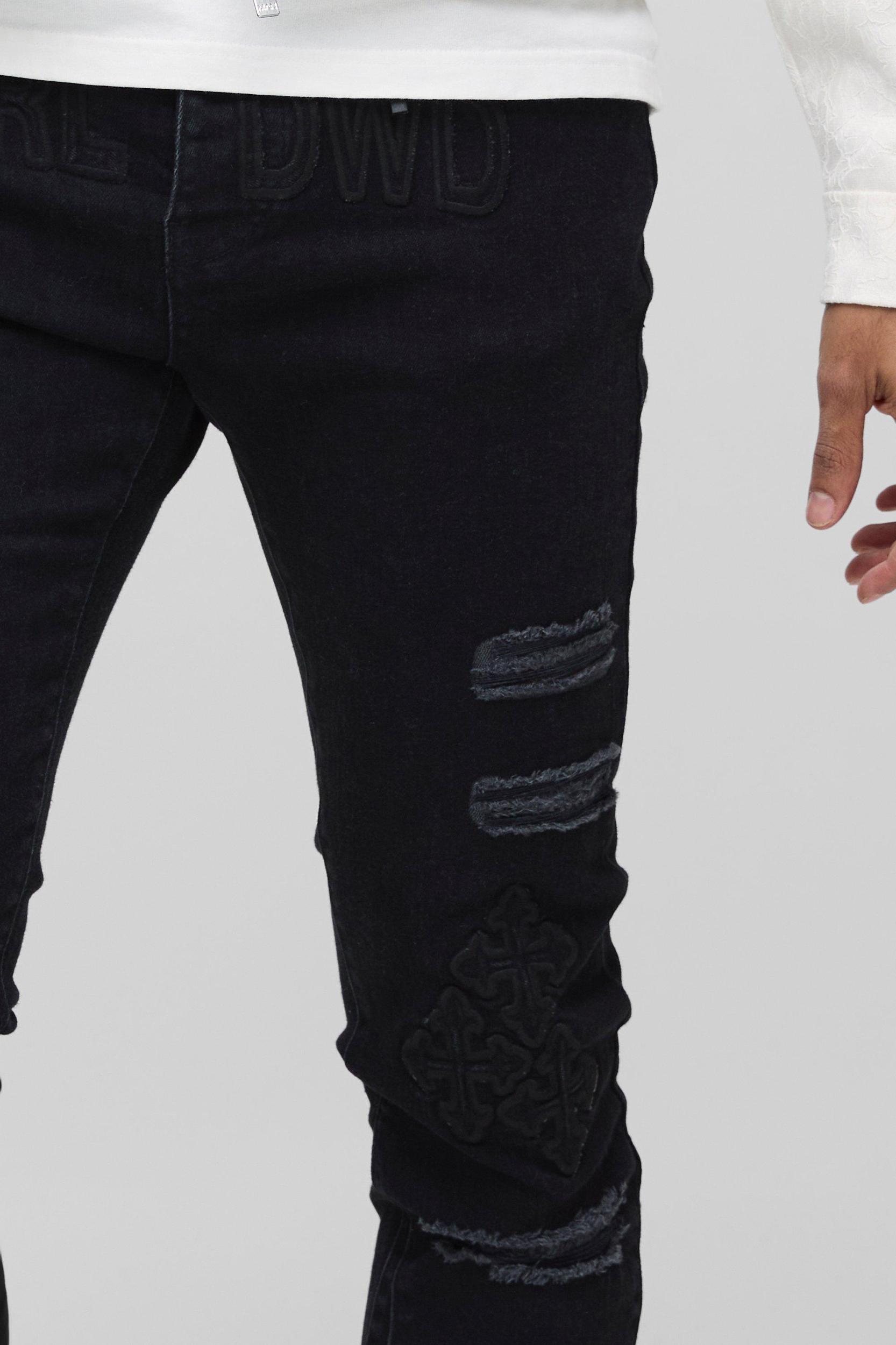 Skinny Stacked Cross Applique Jeans | boohooMAN USA Product Image