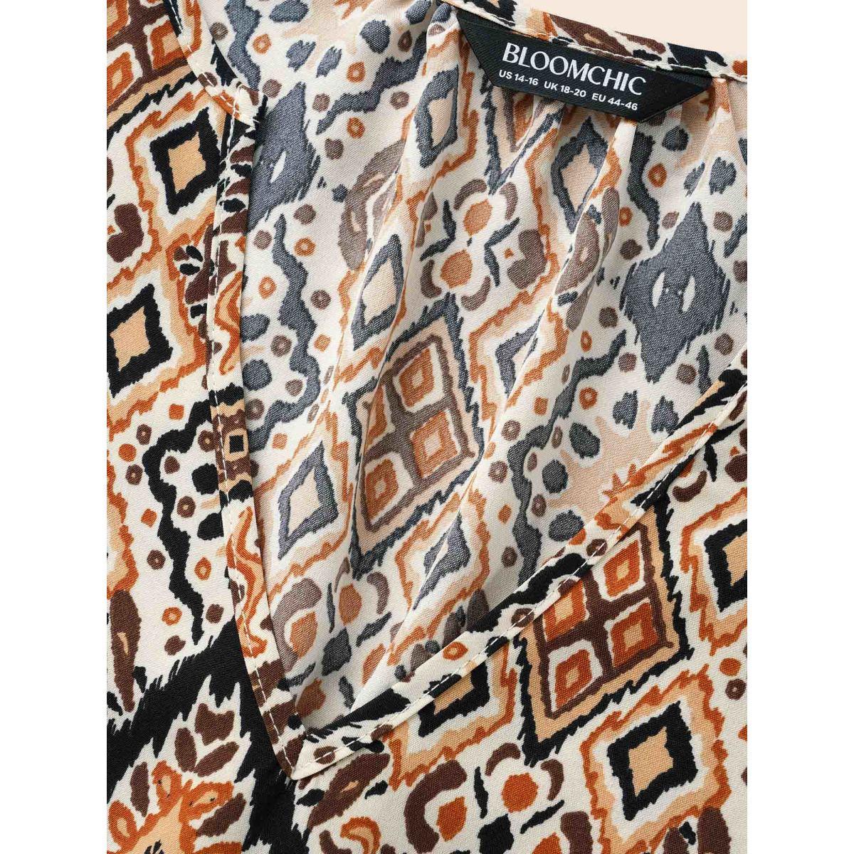 Plus Size Browncoffeecolor Bandana Geometric Pleated Lantern Sleeve Blouse Women Timeless Elbow-length sleeve V-neck Elegant Blouses BloomChic 18-20/2X Product Image