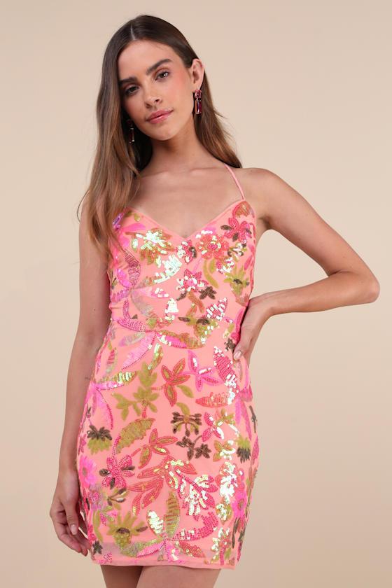 Glittering Icon Pink Iridescent Sequin Lace-Up Mini Dress Product Image