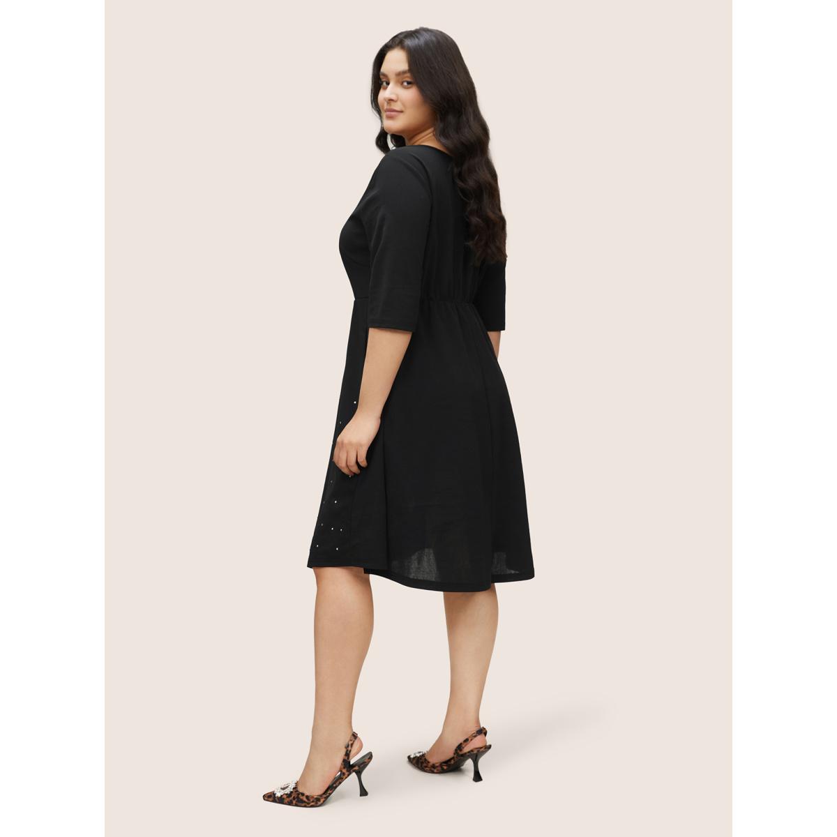 Plus Size Rhinestone Notched Pocket Curved Hem Dress Black Women Glamour Rhinestone detailing Notched collar Half Sleeve Curvy Midi Dress BloomChic 12/L Product Image