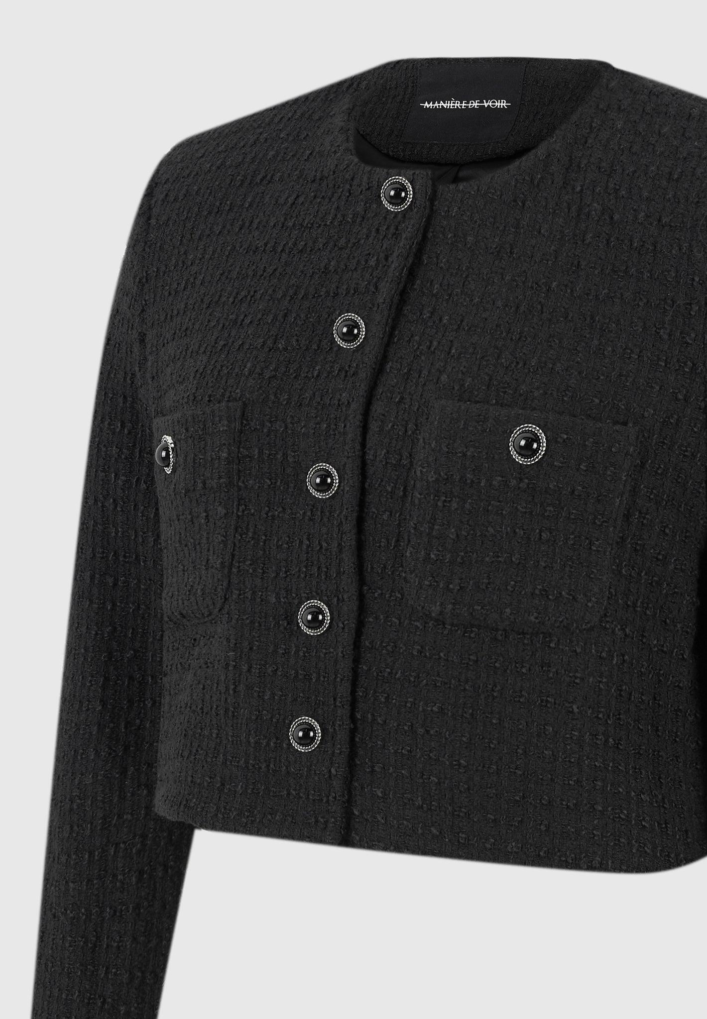 Celine - Cropped Tweed Jacket with Pearls - Black Female Product Image