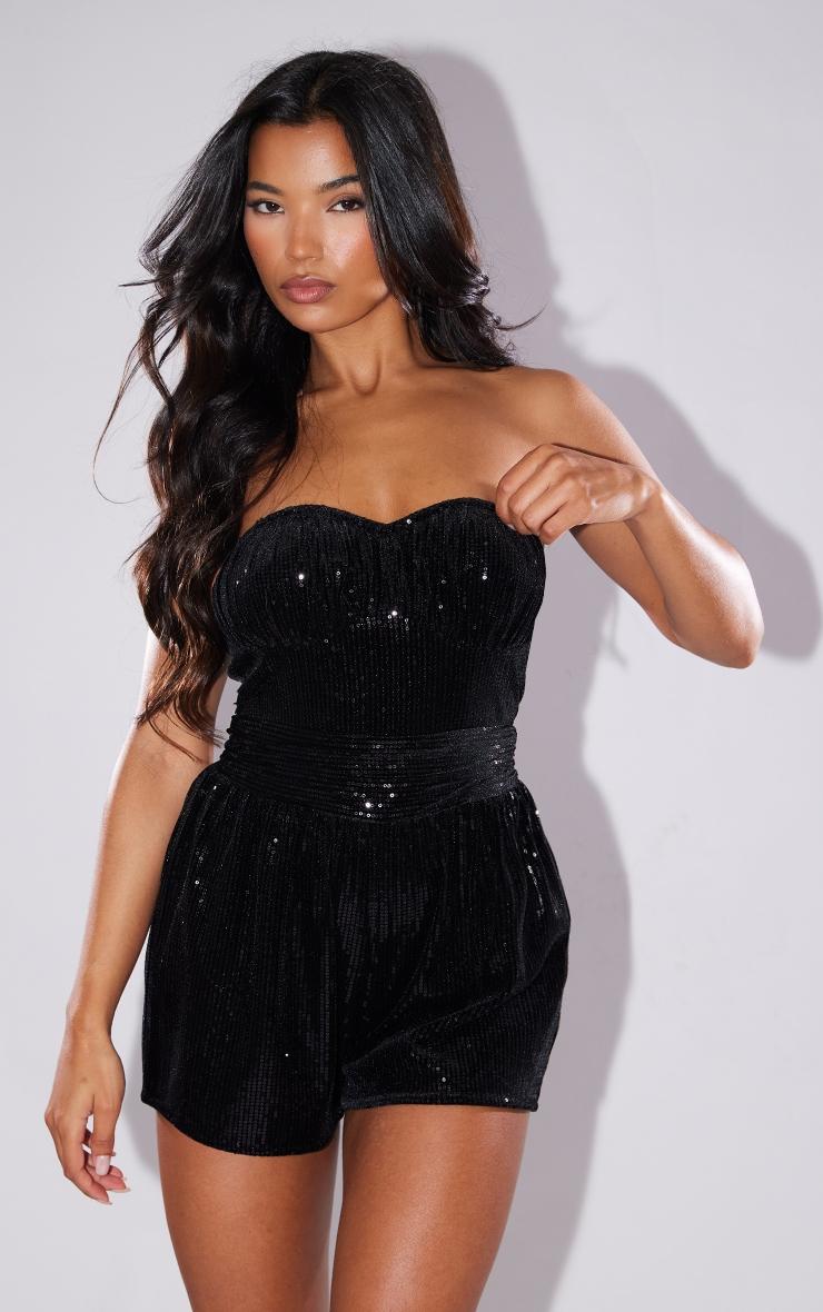 Black Velvet Sequin Bandeau Ruched Bust Romper Product Image