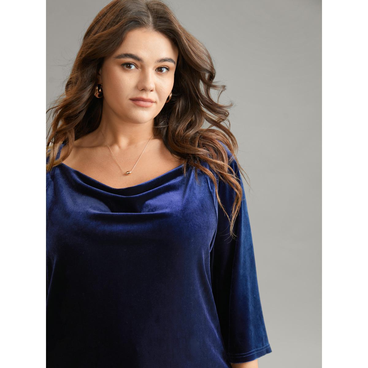 Plus Size Indigo Plain Velvet Cowl Neck Blouse Women Elegant Elbow-length sleeve Cowl Neck Party Blouses BloomChic 26/4X Product Image