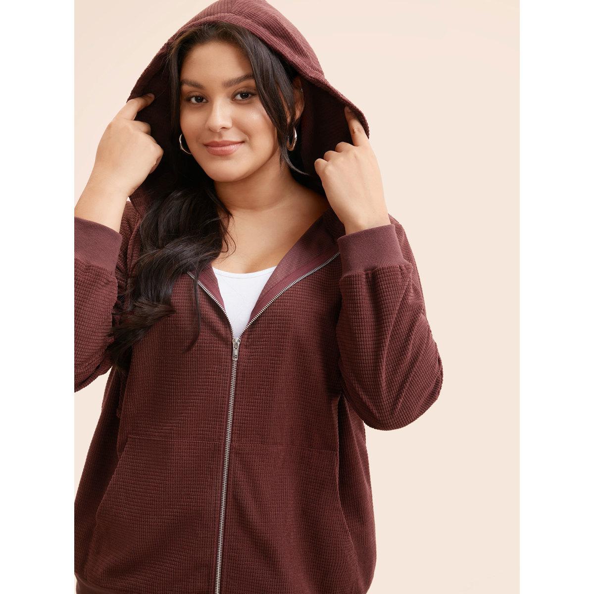 Plus Size Solid Corduroy Hooded Drawstring Sweatshirt Women Scarlet Casual Texture Hooded Everyday Sweatshirts BloomChic 14-16/1X Product Image
