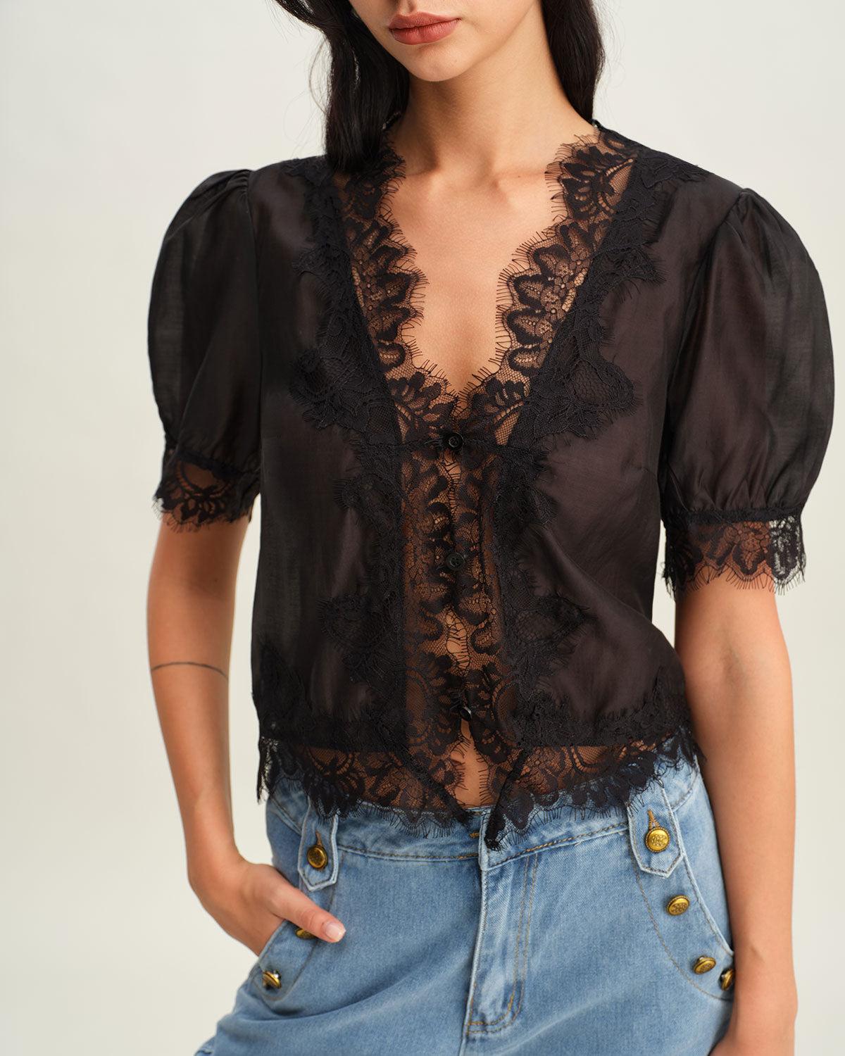 Black Puffed Sleeve Lace Blouse Product Image