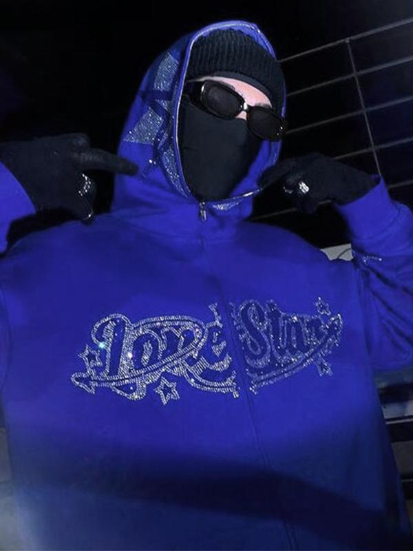 Rhinestone Decor Zipper Oversized Hoodie Product Image