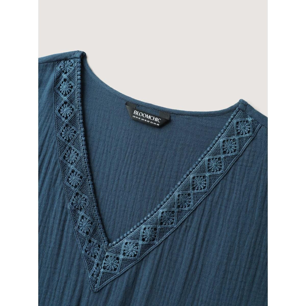 Plus Size Pure Cotton Lace V-Neck Solid Midi Dress Aegean Women Leisure Woven ribbon&lace trim V-neck Short sleeve Curvy BloomChic 14-16/1X Product Image