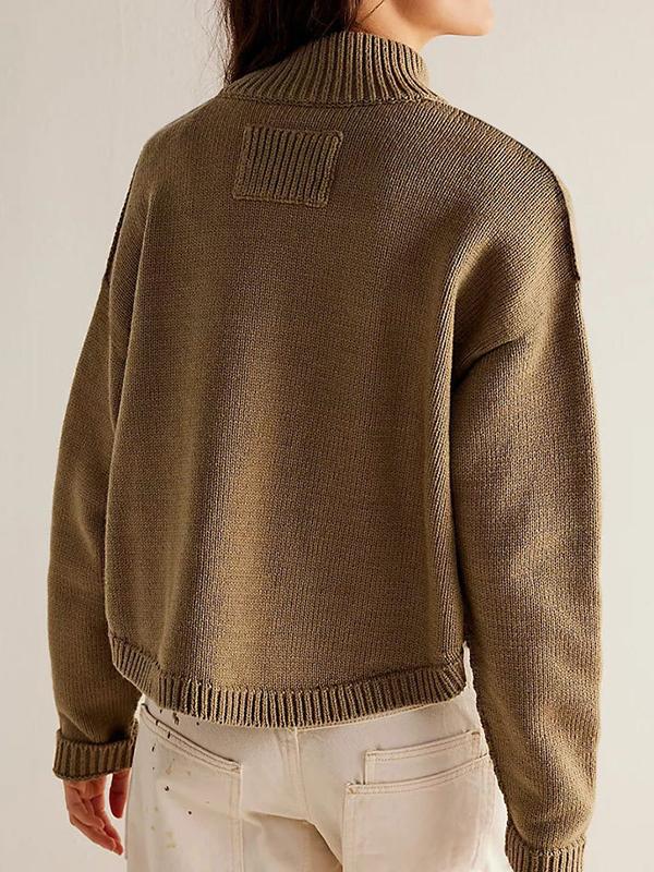 Long Sleeves Loose Buttoned Pockets Solid Color Split-Joint Stand Collar Cardigan Tops Product Image