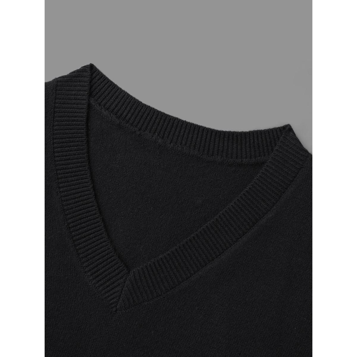 Plus Size Supersoft Essentials Jacquard Sleeve Side Slit Pullover Black Women Casual Loose Long Sleeve V-neck Everyday Pullovers BloomChic 12/L Product Image