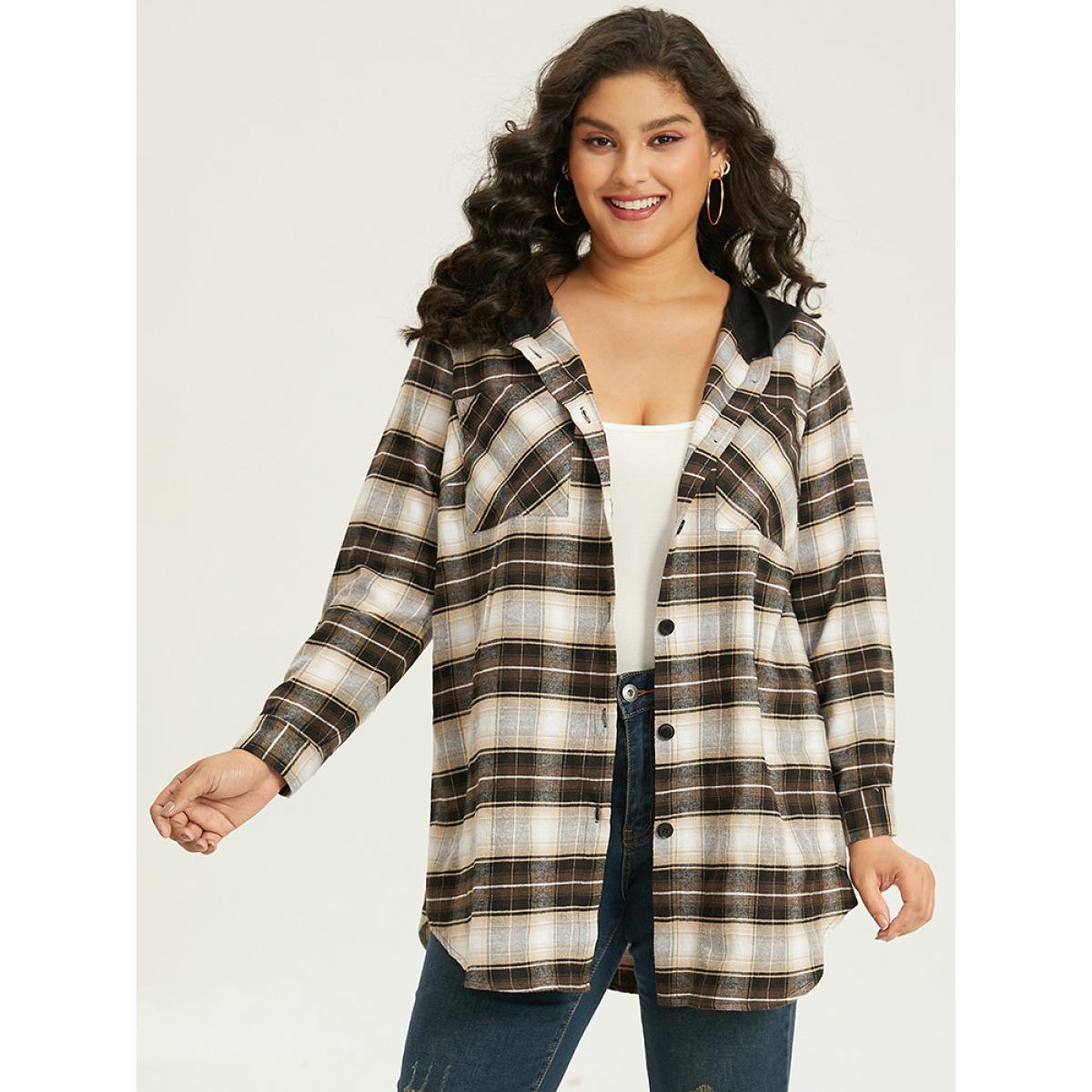 Plus Size Plaid Button Up Hooded Patchwork Shacket Women DarkBrown Contrast Pocket Everyday Jackets BloomChic 14-16/1X Product Image