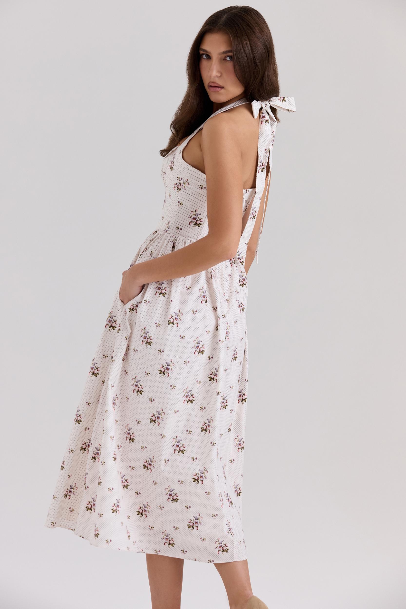 Emilia  cream floral print stretch cotton halter neck midi dress Product Image