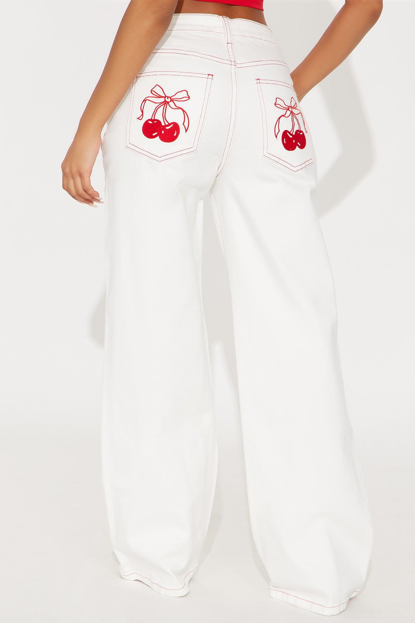Cherry Bow Embroidered Wide Leg Jeans - White Female Product Image