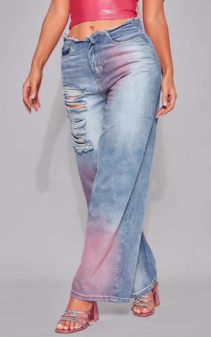 Pink Tint Vintage Wash Distressed Seam Detail Wide Leg Jeans Product Image