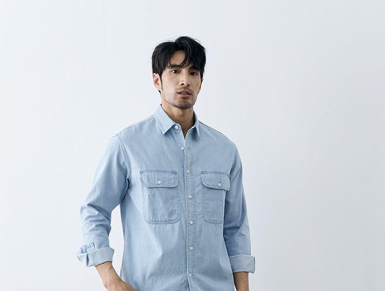 Long Sleeve Collared Denim Cargo Shirt Product Image