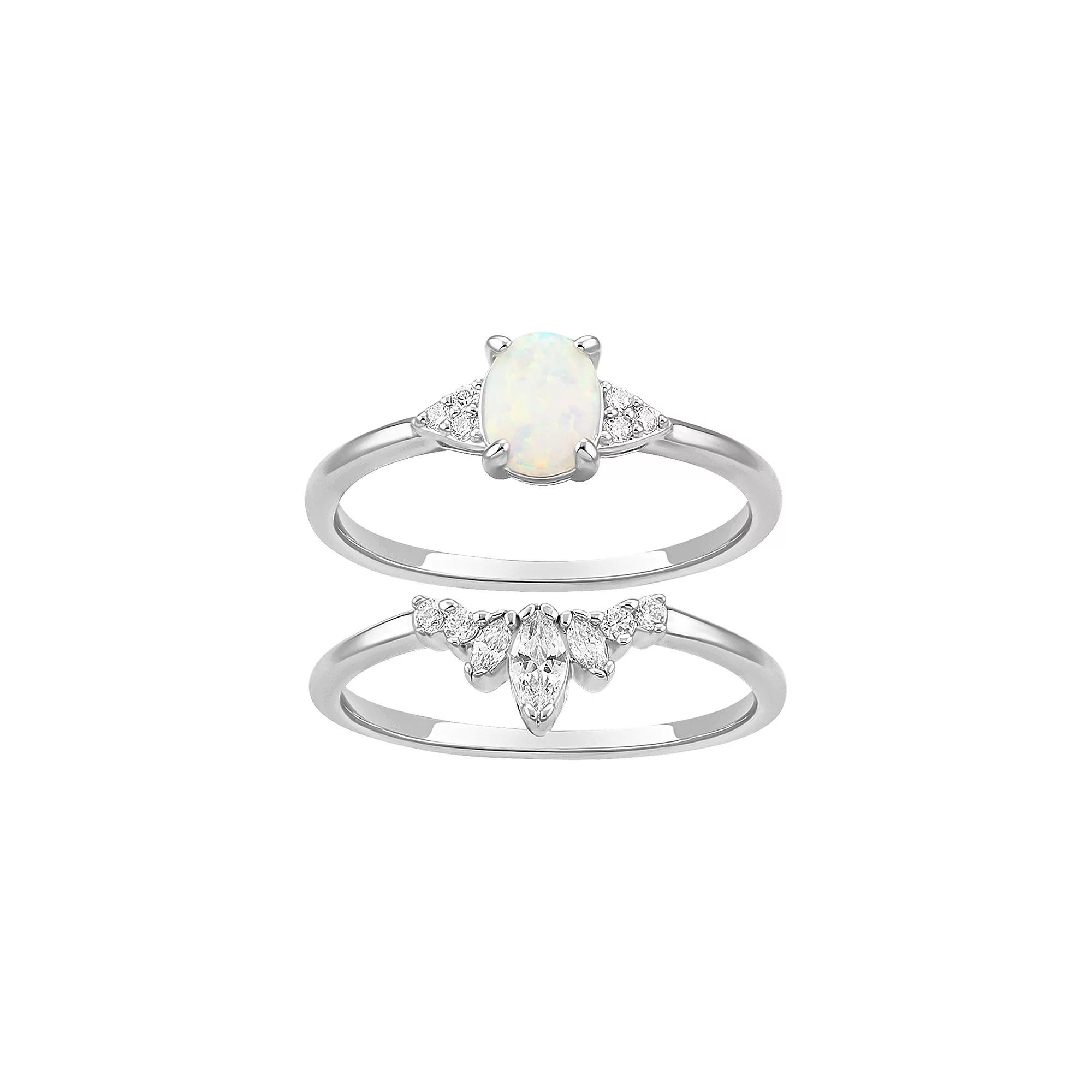 PRIMROSE Fine Silver Plated White Opal & Graduated Marquise Cubic Zirconia Ring Duo Set, Women's, Size: 9, Silvertone White Product Image