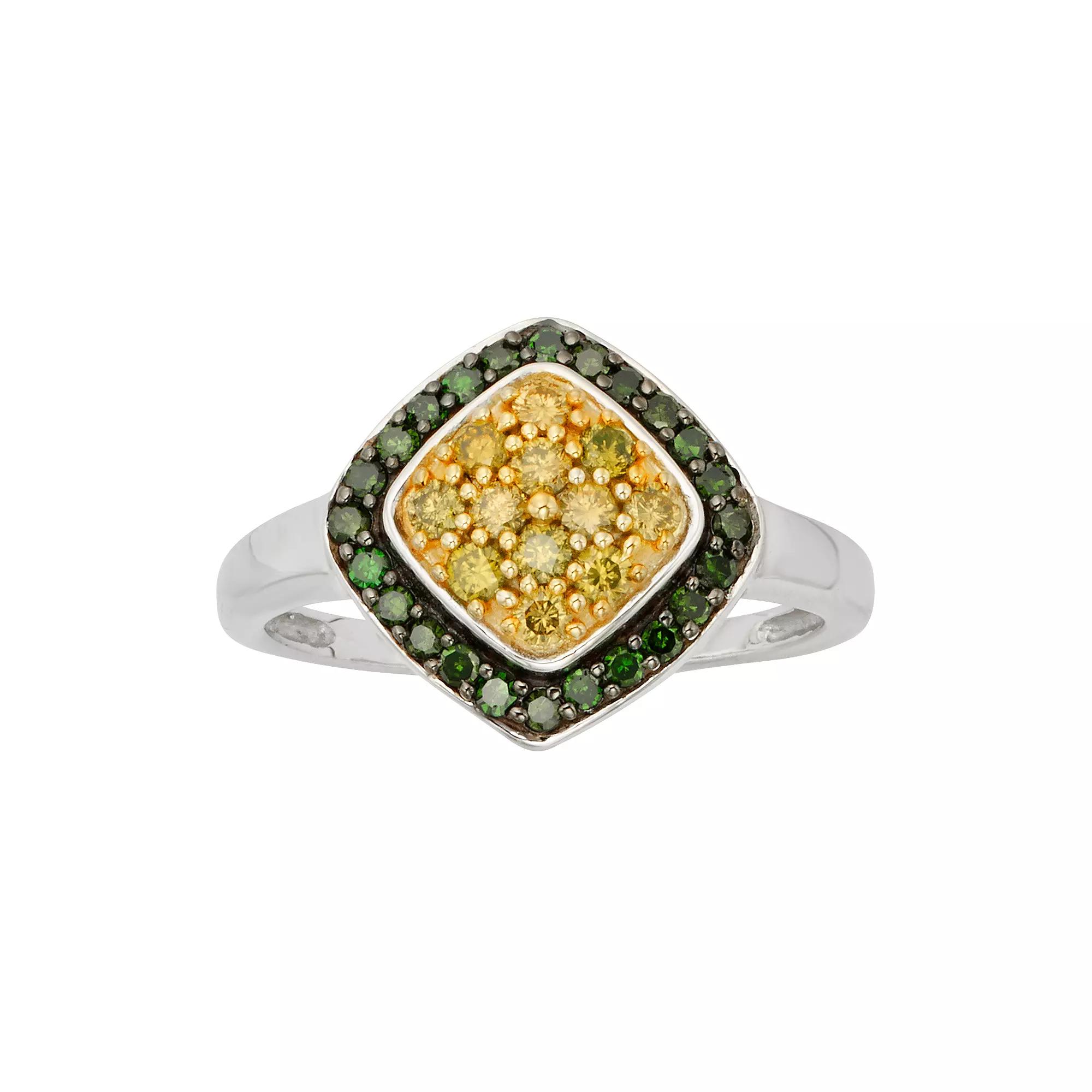 Jewelexcess Sterling Silver 1/2-ct. T.W. Green and Yellow Diamond Halo Ring, Women's, Size: 6, Multicolor Product Image