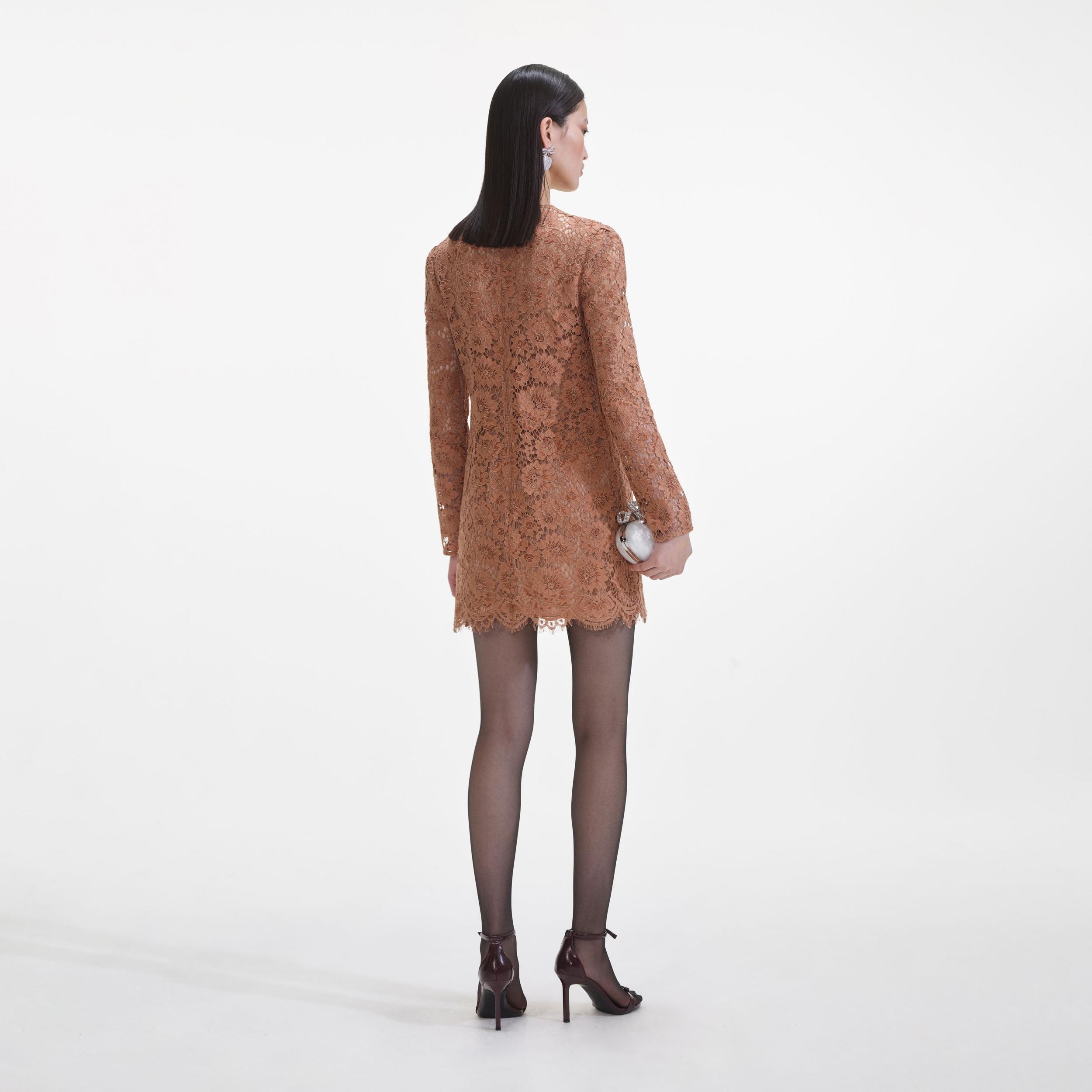 Tan Lace Bow Mini Dress Product Image