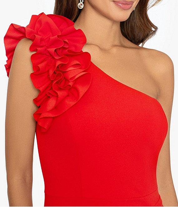 Xscape Stretch Scuba Crepe One Shoulder Ruffle Gown Product Image