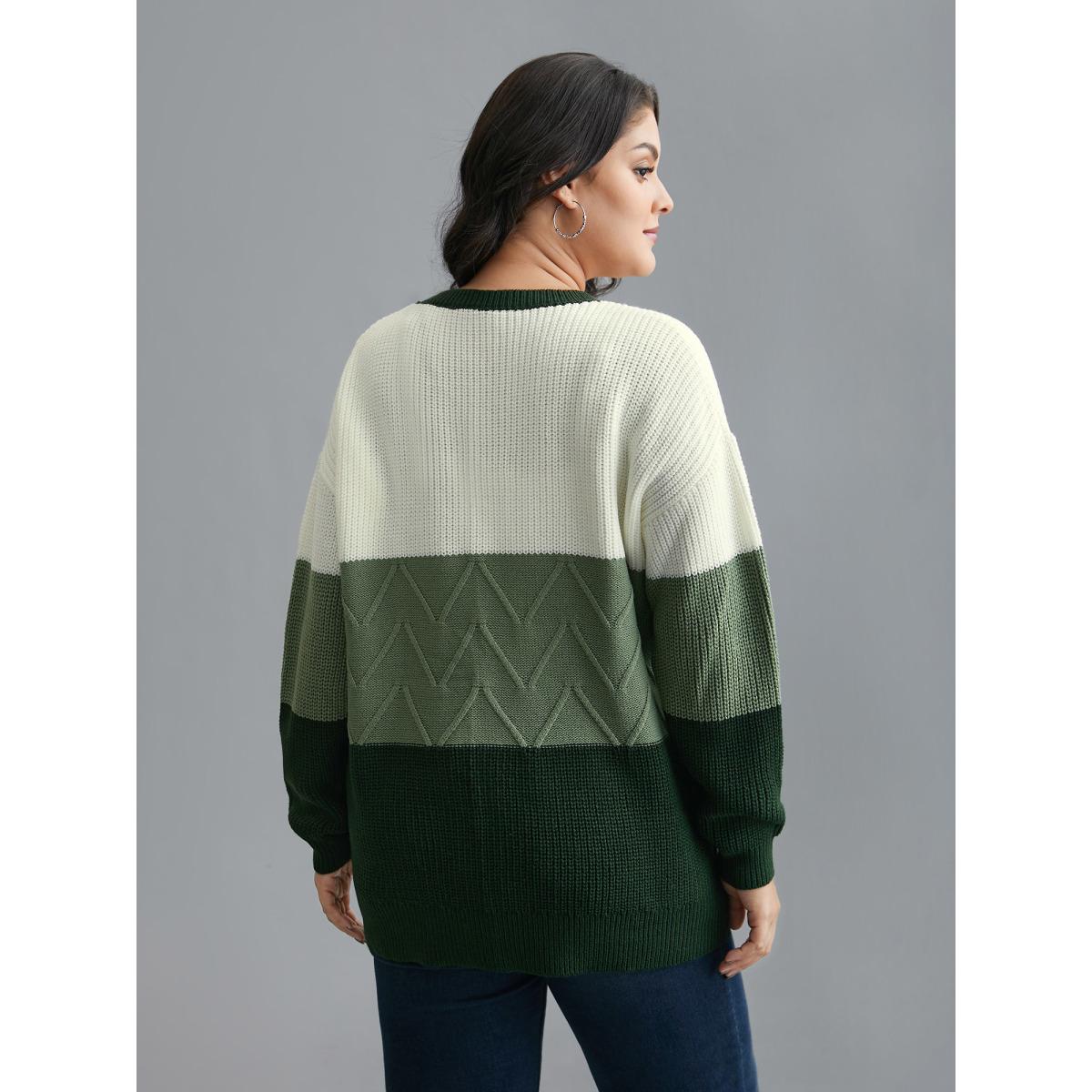 Plus Size Textured Color Block Round Neck Pullover DarkGreen Women Casual Loose Long Sleeve Round Neck Everyday Pullovers BloomChic 14-16/1X Product Image