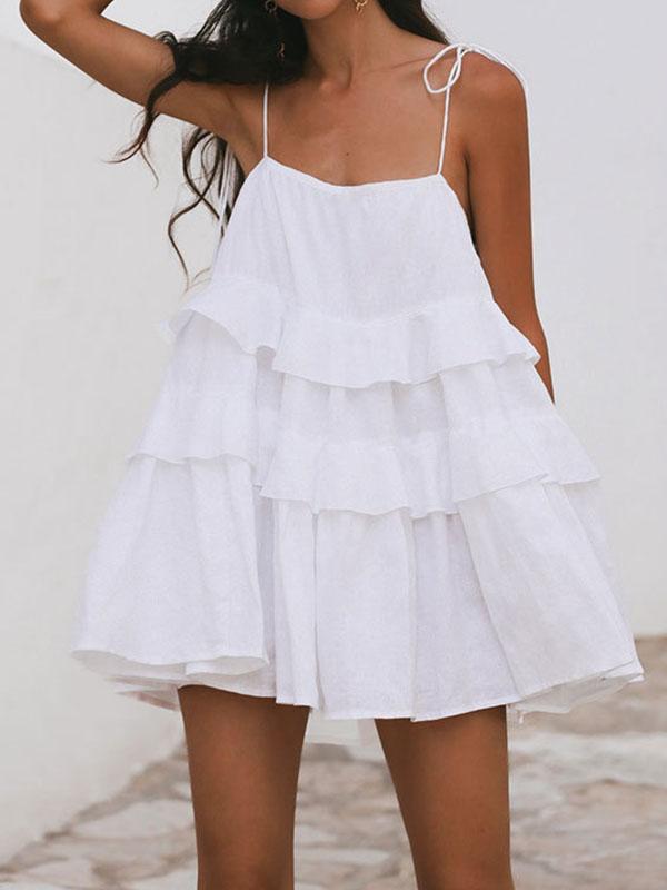 High Waisted Loose Backless Layered Pleated Solid Color Tied Spaghetti-Neck Mini Dresses Product Image