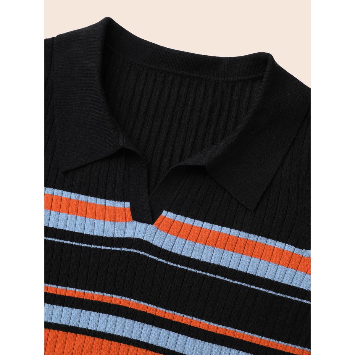 Plus Size Supersoft Essentials Colored Striped Polo Neck Pullover Black Women Casual Bodycon Long Sleeve Polo Everyday Pullovers BloomChic 10/M Product Image
