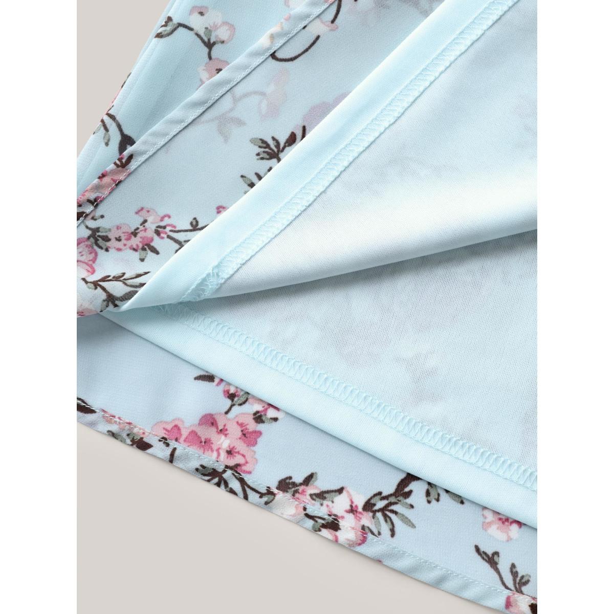 Plus Size LightBlue Shirred Off-Shoulder Chiffon Floral Blouse Women Elbow-length sleeve One-shoulder neck Vacation Blouses BloomChic 14-16/1X Product Image