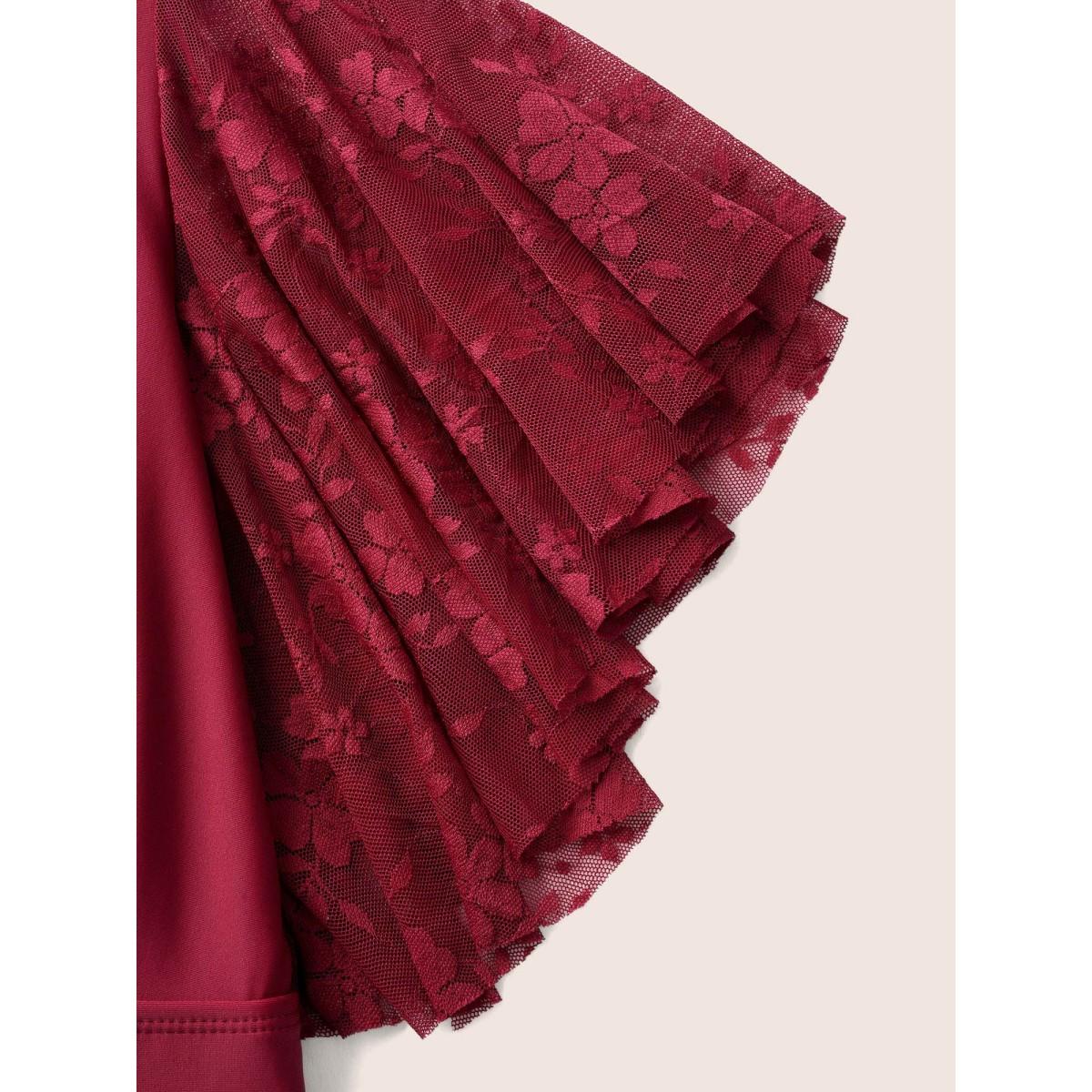 Plus Size Solid Overlap Collar Lace Patchwork Gathered Swim Dress Women's Swimwear Deepred Beach Bodycon Overlap Collar High stretch Curve Swim Dresses BloomChic 12/L Product Image