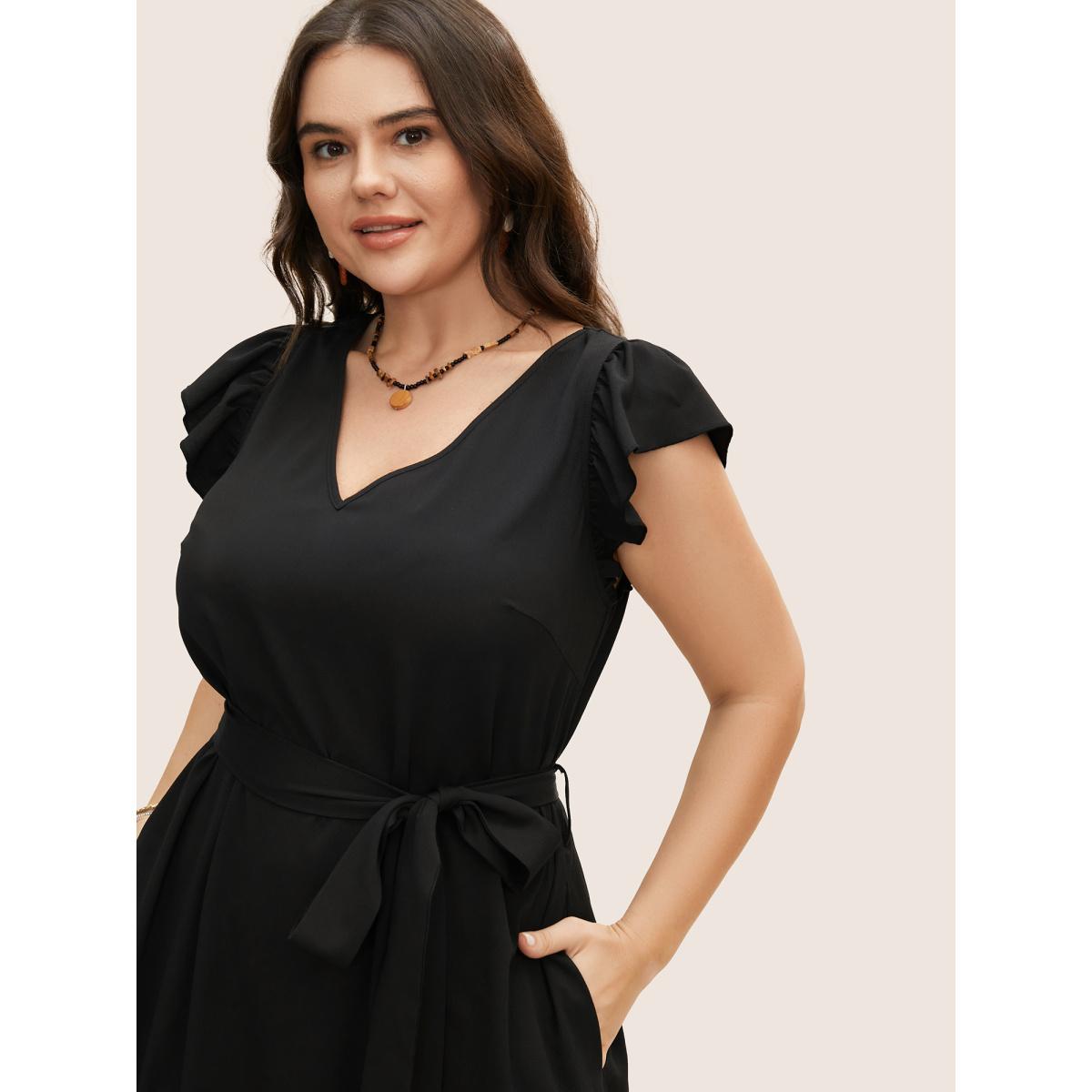 Plus Size Solid Backless Tassel Trim Tie Knot Dress Black Women Resort Tassels V-neck Cap Sleeve Curvy BloomChic 18-20/2X Product Image