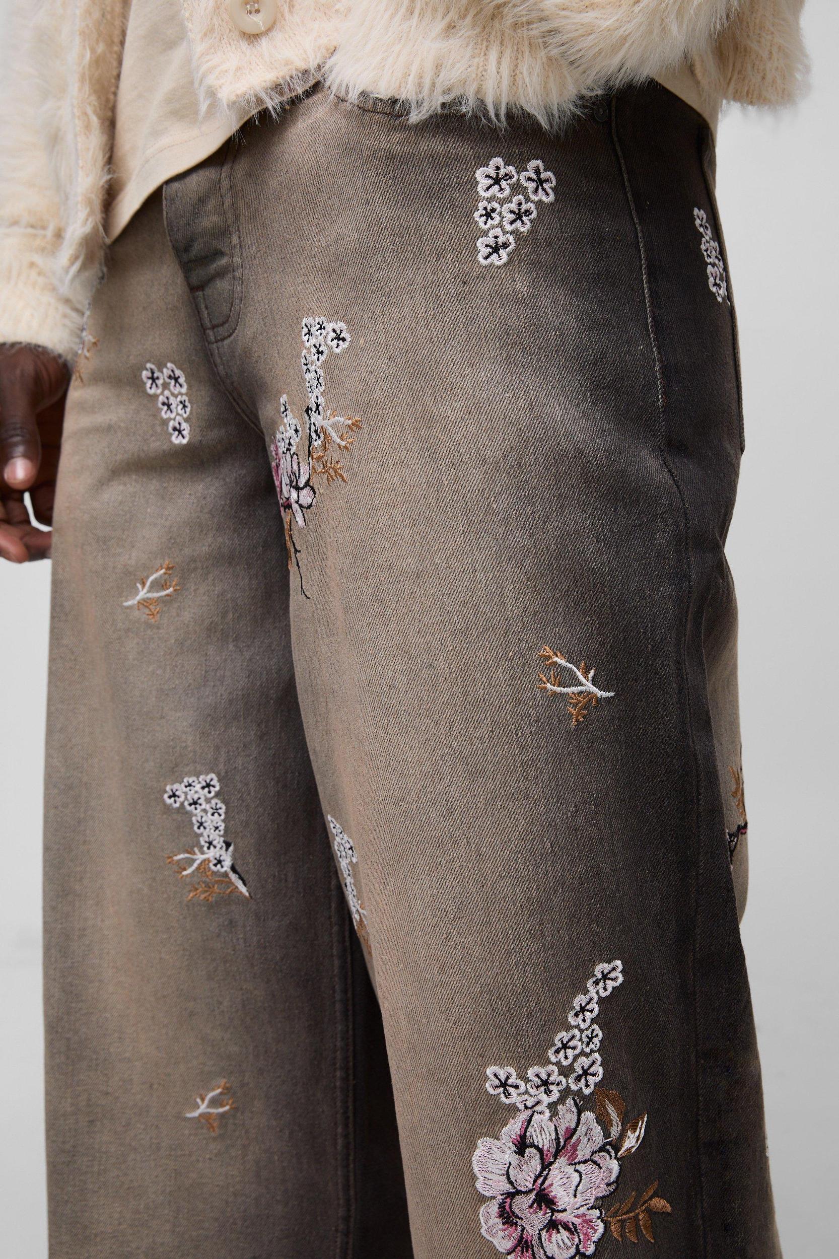 Baggy Rigid Floral Embroidered Jeans | boohooMAN USA Product Image