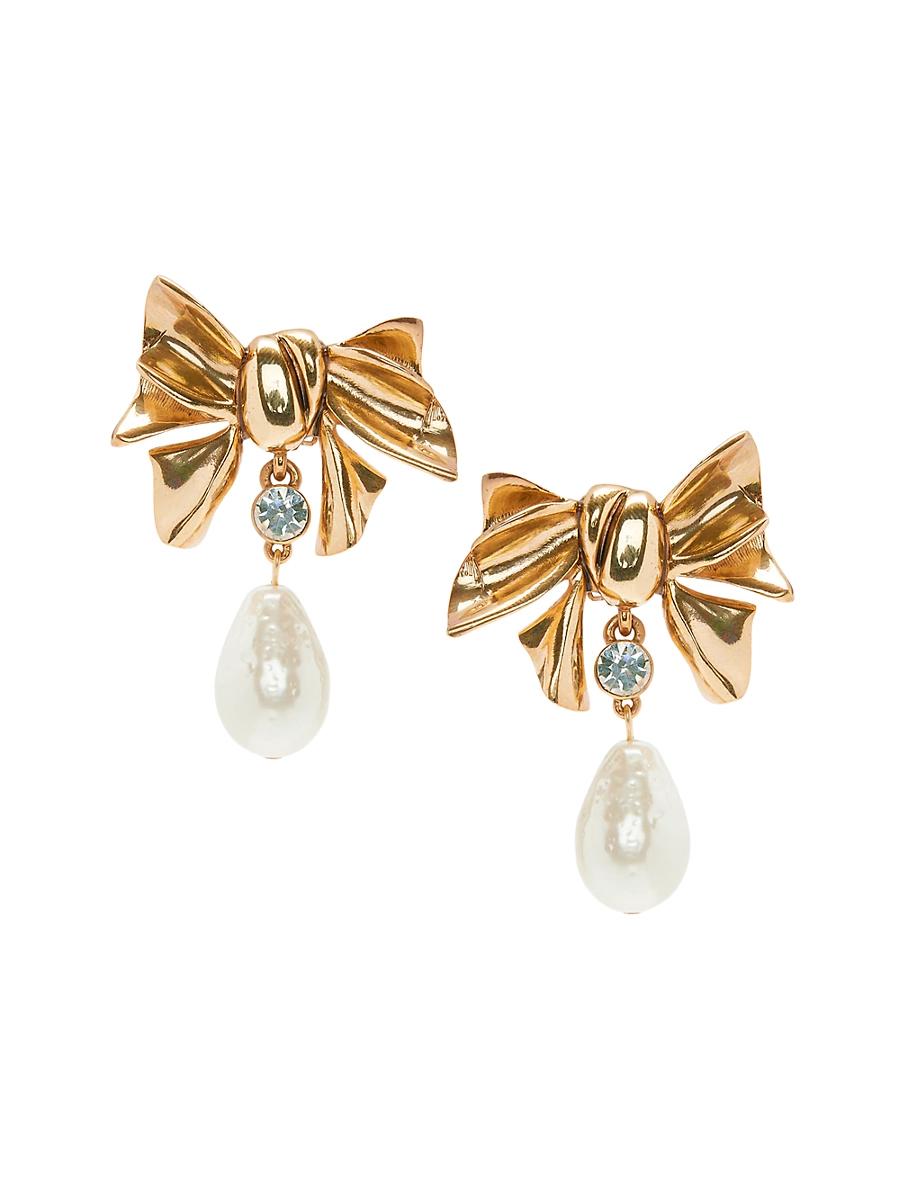 Womens Goldtone, Imitation Pearl & Glass Crystal Bow Clip-On Drop Earrings Product Image