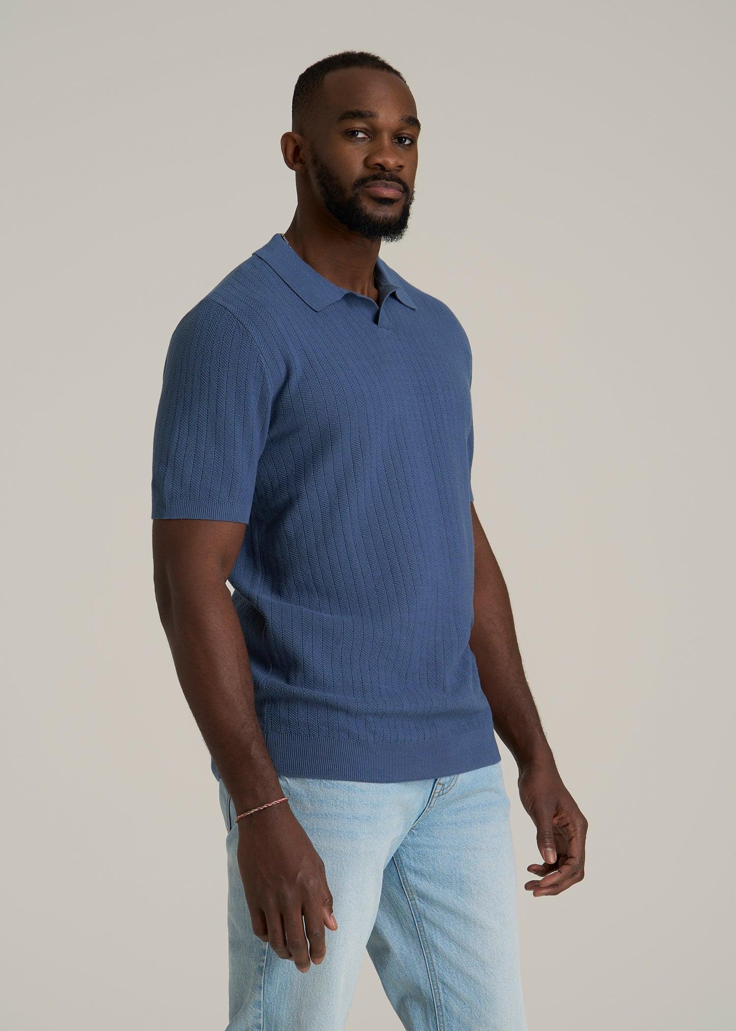Linen Blend Ribbed Knit Polo Shirt for Tall Men in Steel Blue Male Product Image