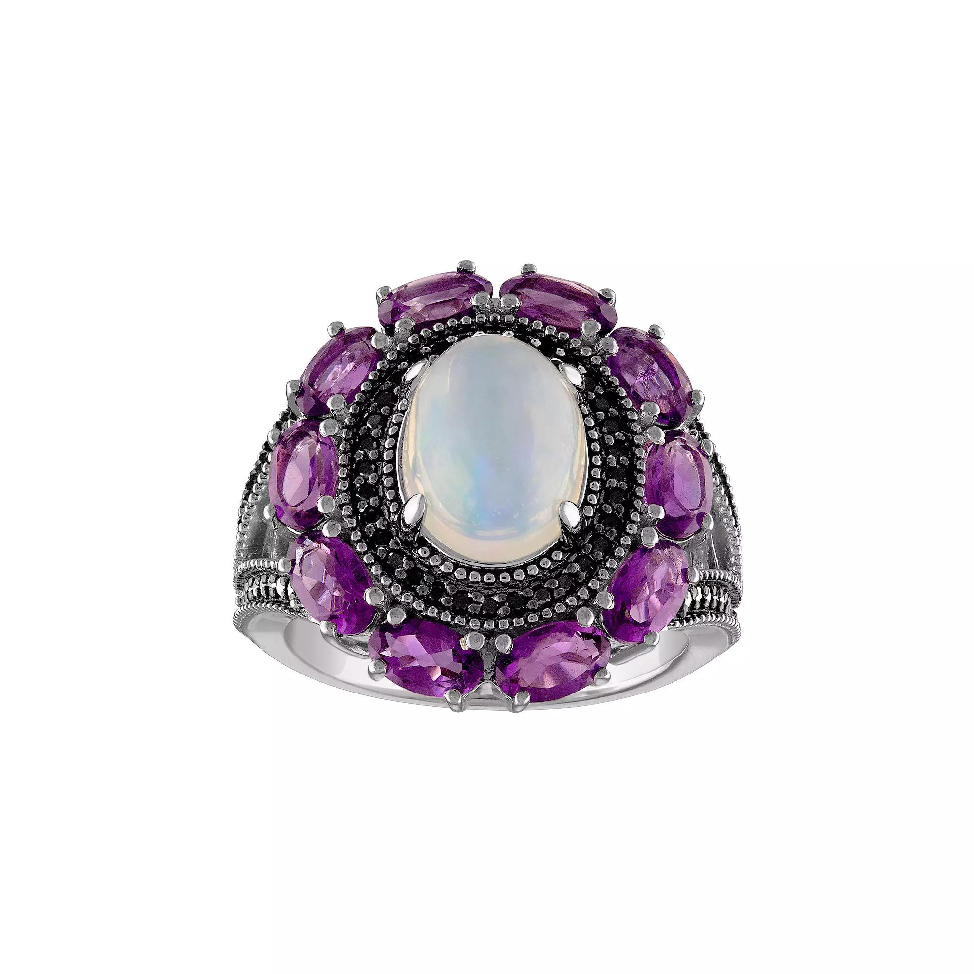Tiara Sterling Silver White Opal Amethyst & Black Spinel Ring, Women's,  Product Image