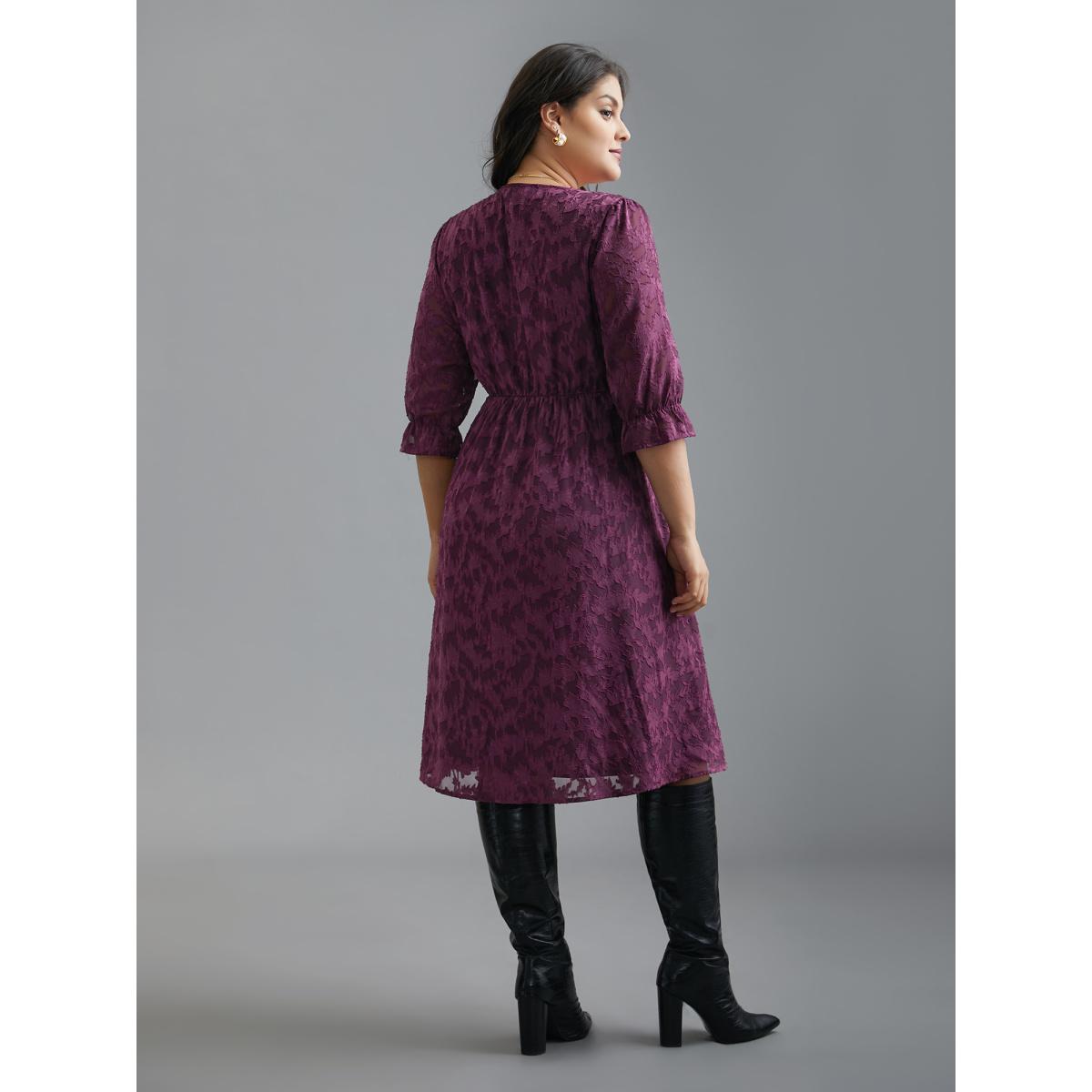 Plus Size V Neck Burn-out Fabric Midi Dress Deeppurplered Women Elegant Texture V-neck Elbow-length sleeve Curvy BloomChic 28/5X Product Image