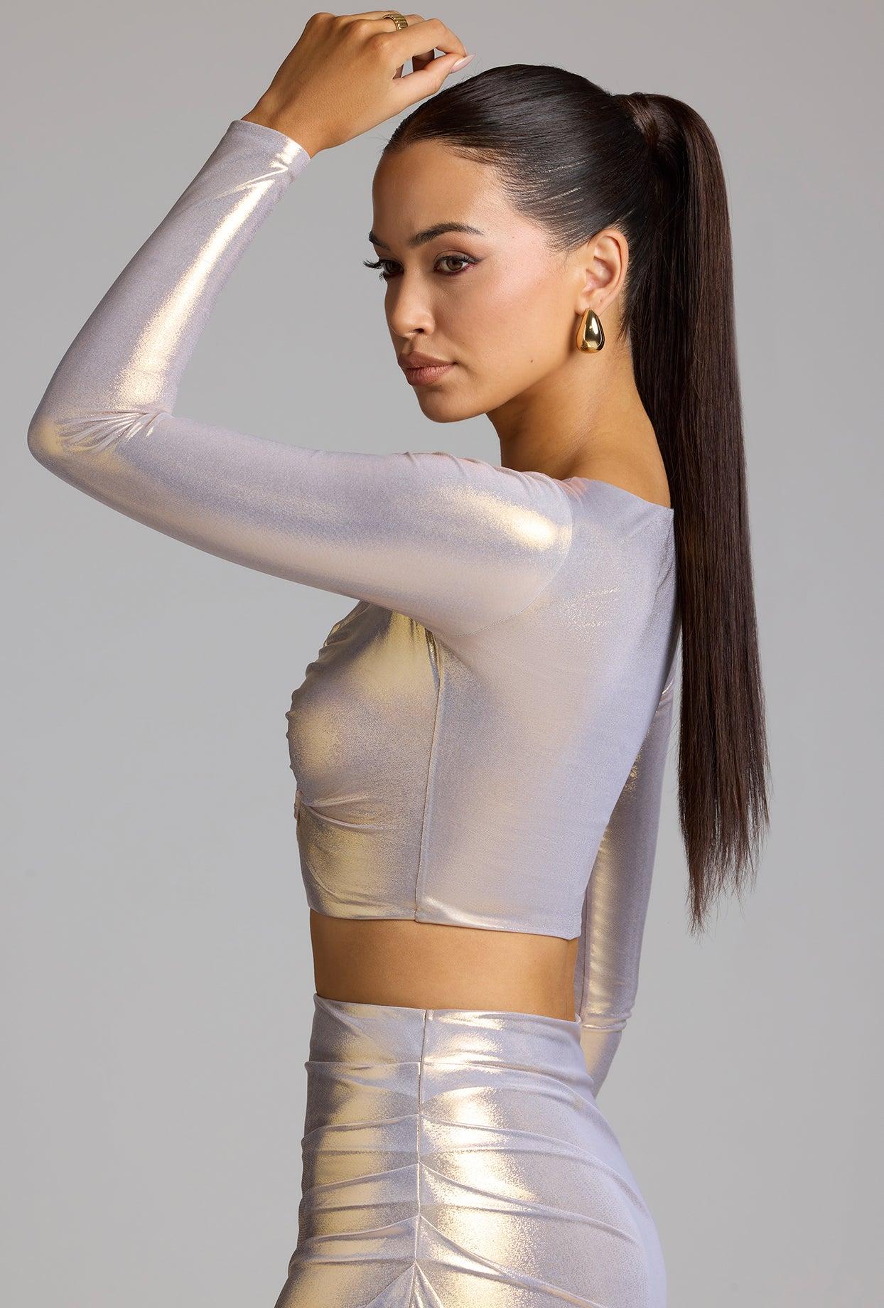 Plunge Neck Metallic Jersey Crop Top in Light Gold Product Image