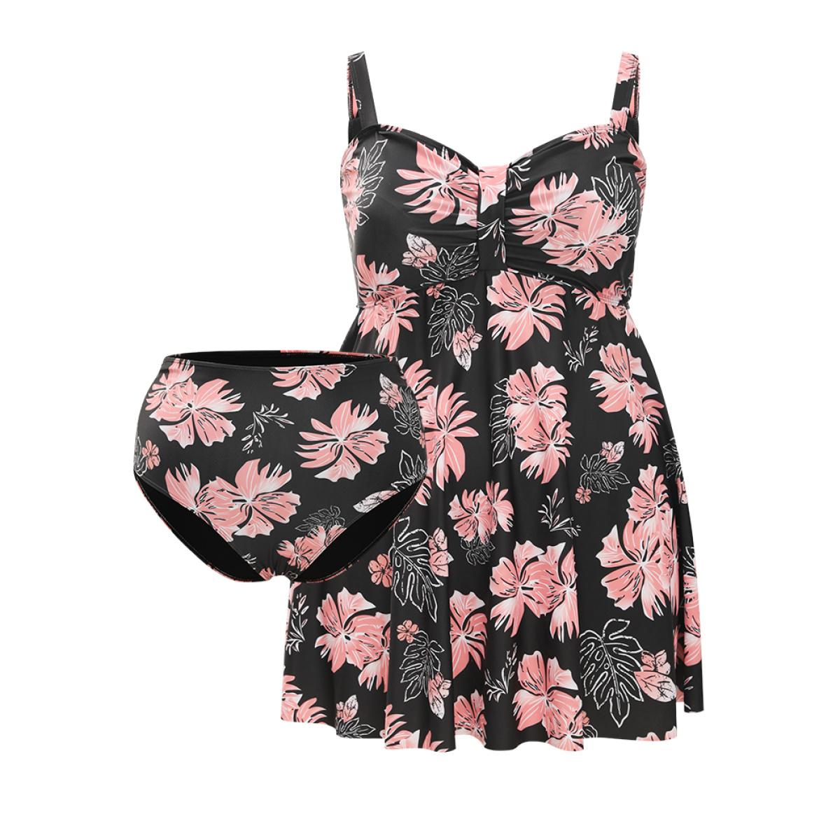 Plus Size Floral Print Gathered Adjustable Straps Swim Dress Women's Swimwear BlackFlower Vacation Bodycon Spaghetti Strap High stretch Curve Swim Dresses BloomChic 30/6X Product Image