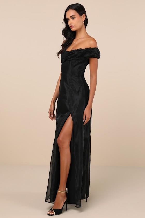 Mesmerizing Silhouette Black Organza Off-the-Shoulder Maxi Dress Product Image