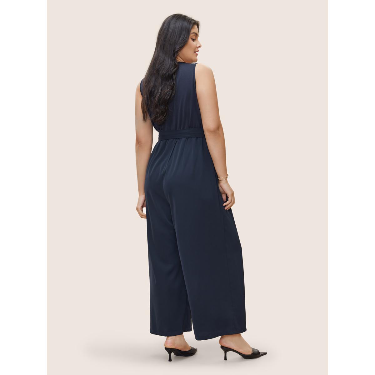 Plus Size DarkBlue Anti-Wrinkle Patchwork Pleated Detail Tank Jumpsuit Women Casual Sleeveless V-neck Everyday Loose Jumpsuits BloomChic 22-24/3X Product Image