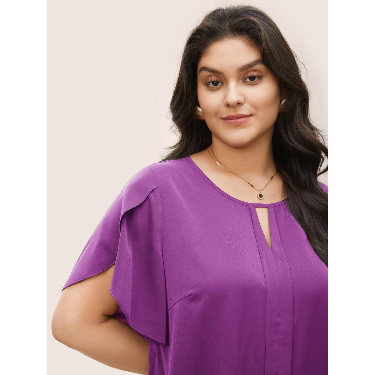 Plus Size Purple Solid Keyhole Petal Sleeve Pleated Blouse Women Work From Home Short sleeve Notched collar Work Blouses BloomChic 28/5X Product Image