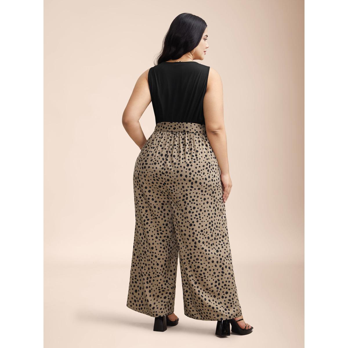 Plus Size LightBrown Spliced Belted Pockets Contrast Jumpsuit Women Elegant Sleeveless Overlap Collar Everyday-Elegant Loose Jumpsuits BloomChic 14-16/1X Product Image