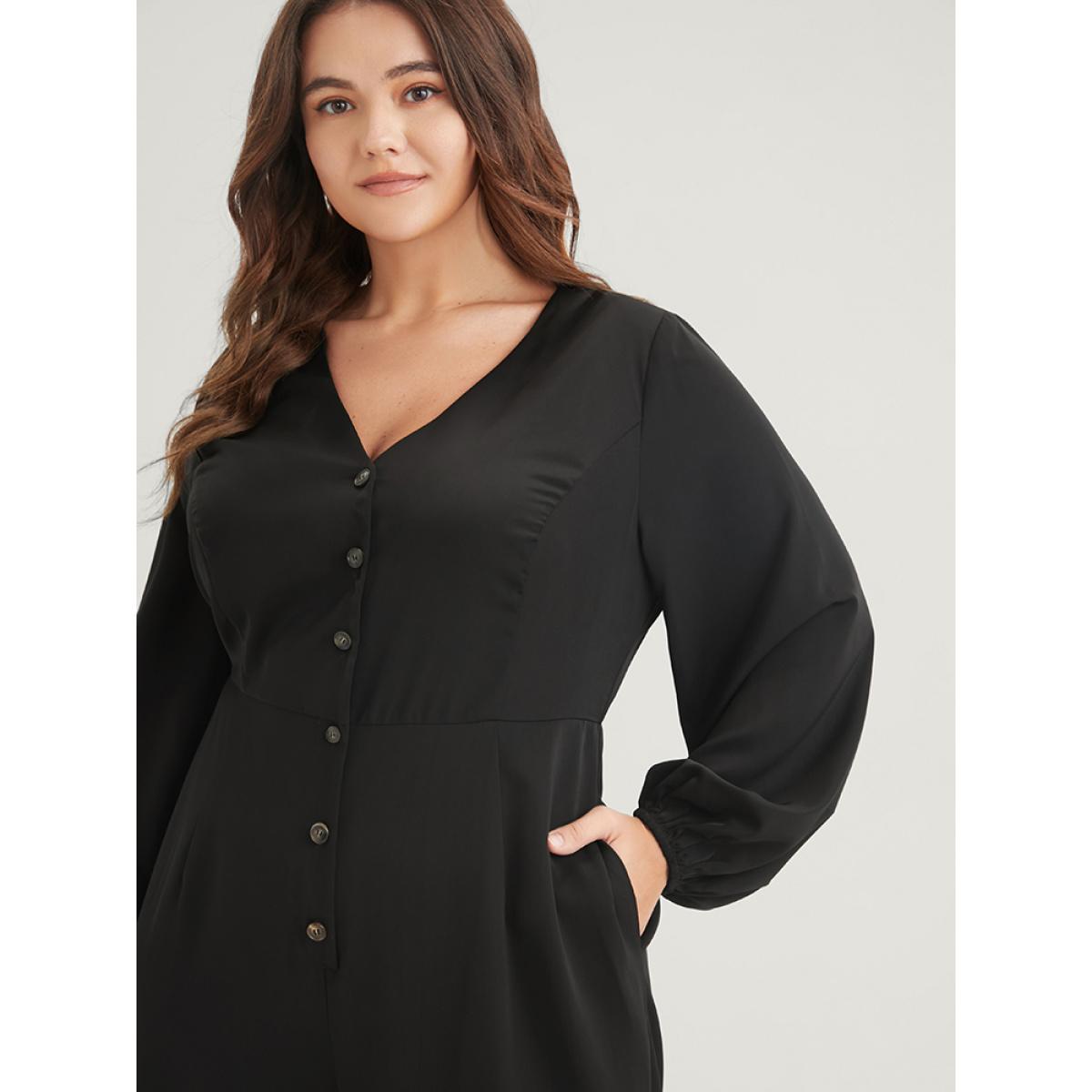 Plus Size Black Solid Button Front Lantern Sleeve Pocket Wide Leg Jumpsuit Women Office Long Sleeve V-neck Office Loose Jumpsuits BloomChic 18-20/2X Product Image