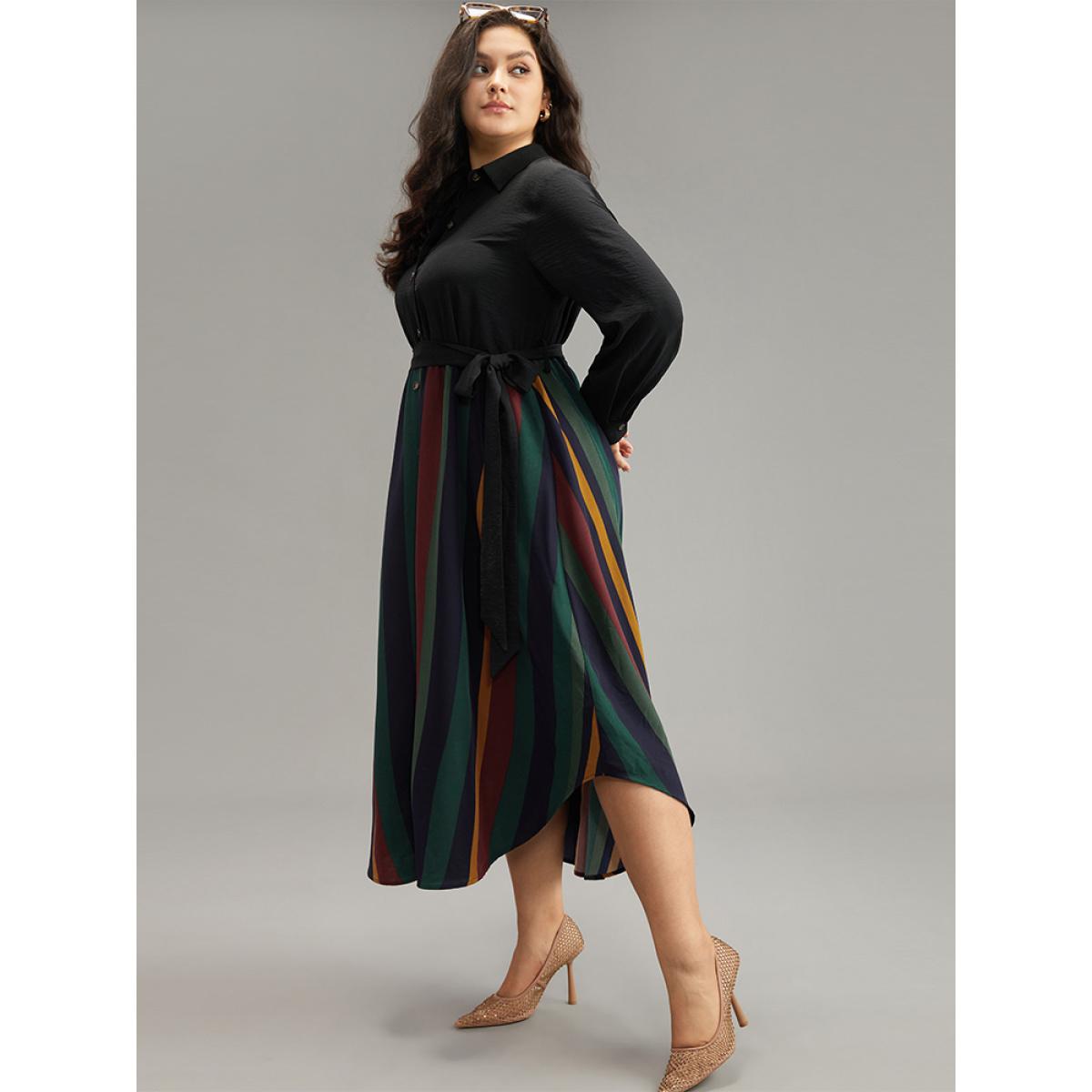 Plus Size Colour Striped Patchwork Belted Button Through Dress Indigo Women Office Belted Shirt collar Long Sleeve Curvy Midi Dress BloomChic 28/5X Product Image