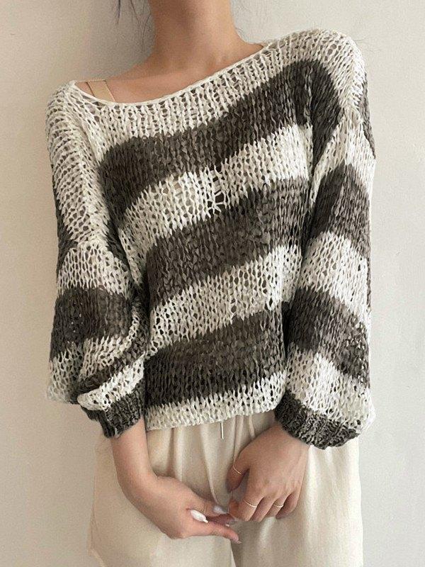 Long Sleeve Striped Crochet Knit Top Product Image